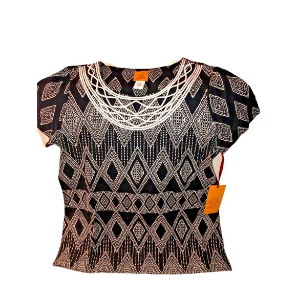 NEW Ruby Road Ladies Black White Short Sleeve Geometric Knit Top Sz. M - Picture 2 of 7